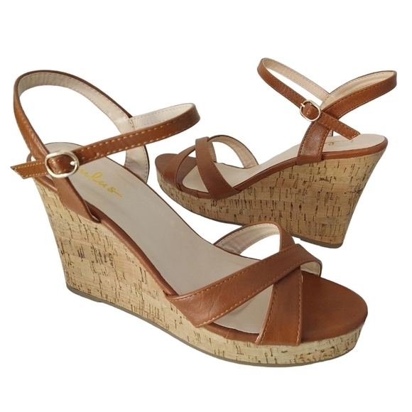 Lulu's Nixie Brown Tan Cork Wedge Platform Sandals Criss Cross Beachy - Picture 1 of 11